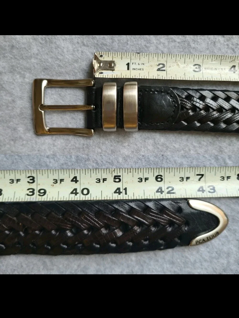 PGA Tour Braided Leather Belt Mens 38 Black Woven Stainless Steel Dress Work